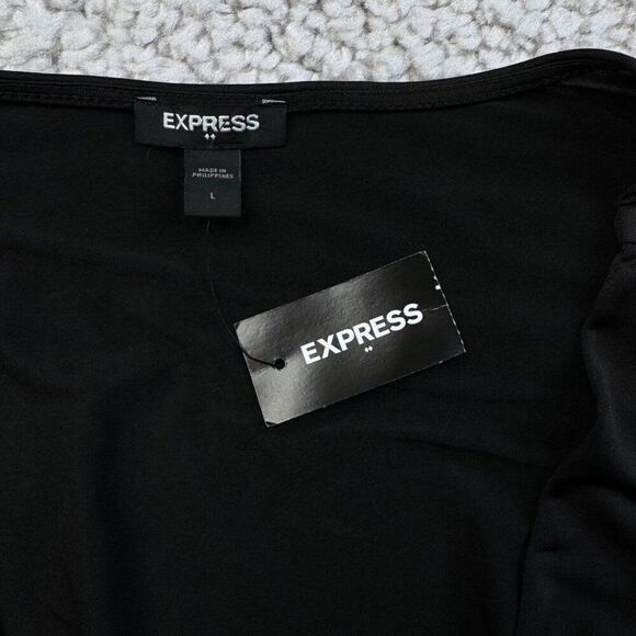 Express Black Satin Draped V-Neck Faux Wrap Thong Bodysuit NEW - Picture 5 of 10